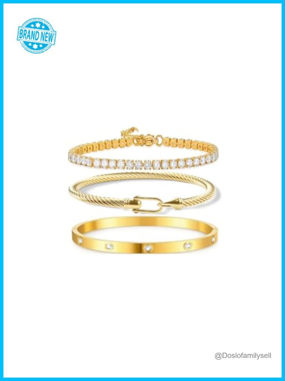 3-Piece Stackable Gold Bracelet Set, Zircon Horseshoe Cable Bracelets